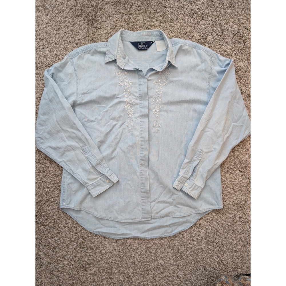 Woolrich Embroidered Chambray Shirt Womens L Light Blue Floral Vintage 90s Denim